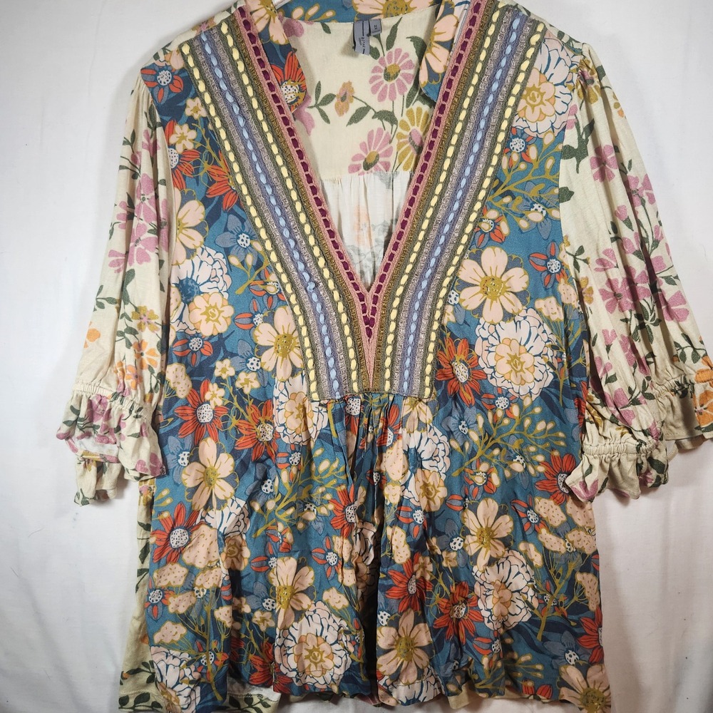Blank London anthro Floral Patchwork Tunic Top 2X Blue Pink Boho Embroidered